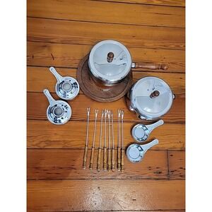 Vintage Mid Century Fondue Snack Roasting Set Chrome Pots Wooden Handles Skewers